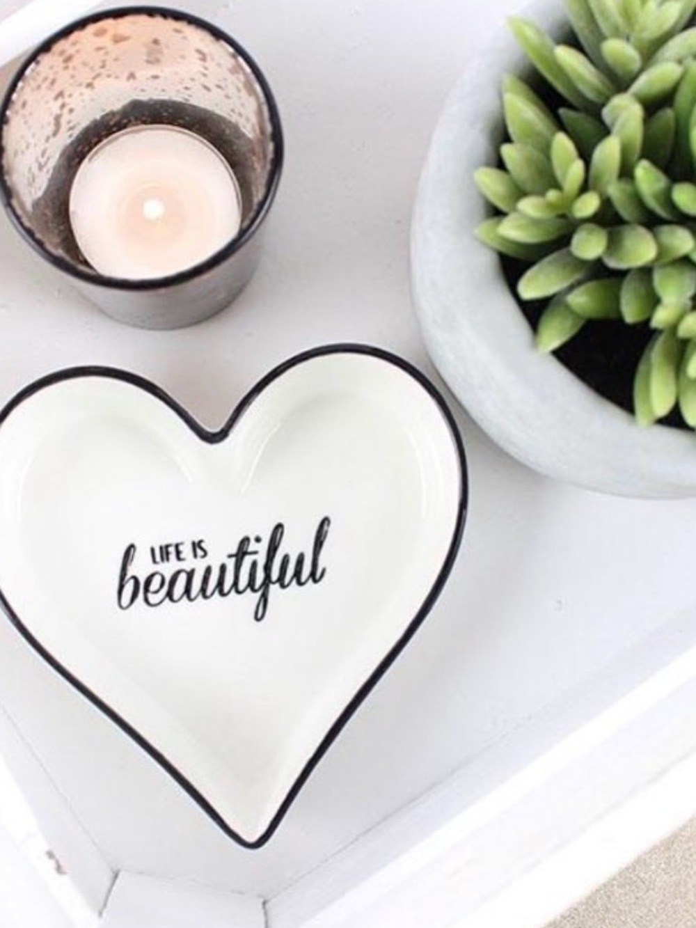 Heart Trinket Dish "Life Is Beautiful" - White with Black Trim